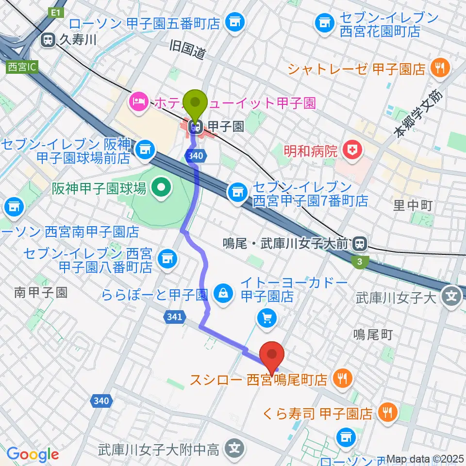 甲子園駅からなるお文化ホールへのルートマップ地図