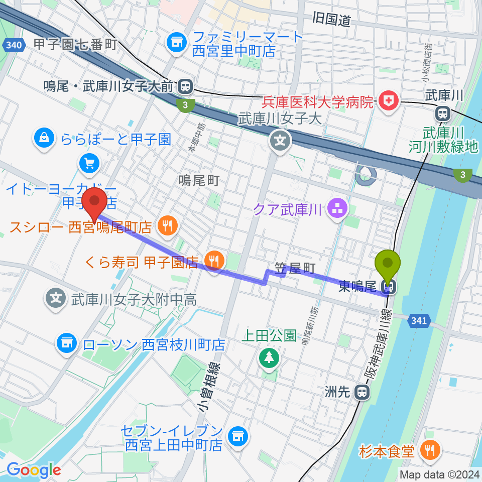 東鳴尾駅からなるお文化ホールへのルートマップ地図