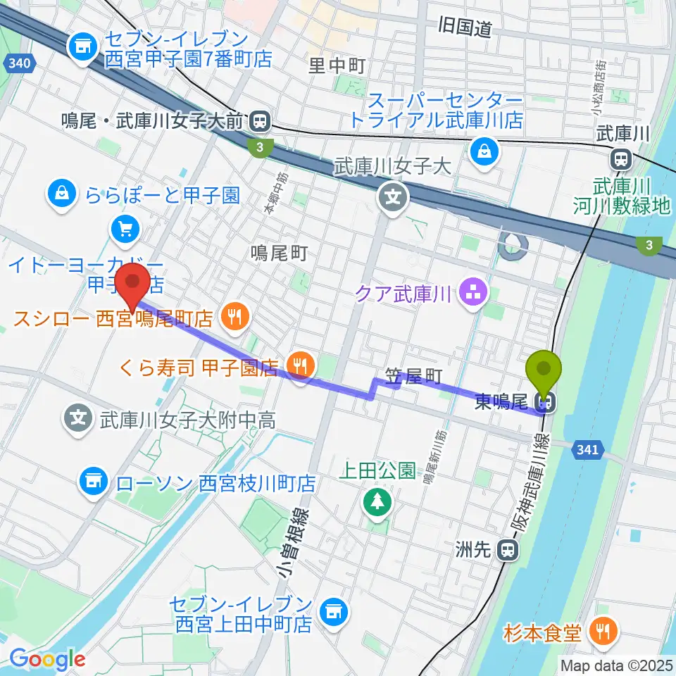 東鳴尾駅からなるお文化ホールへのルートマップ地図