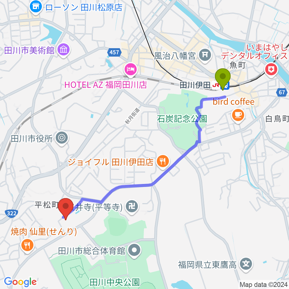 田川伊田駅から田川青少年文化ホールへのルートマップ地図