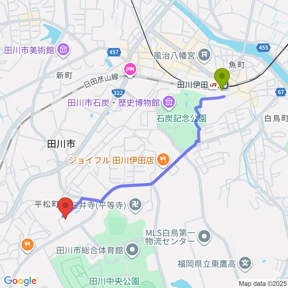 田川伊田駅から田川青少年文化ホールへのルートマップ地図