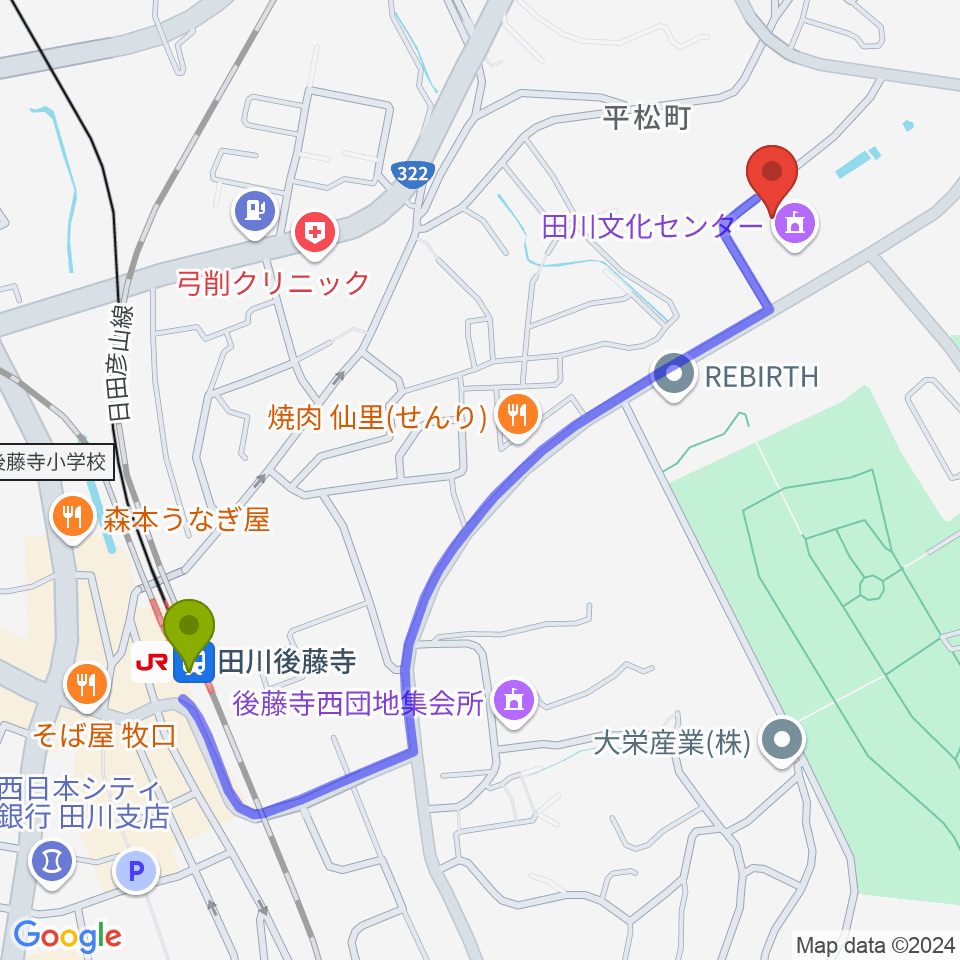 田川青少年文化ホールの最寄駅田川後藤寺駅からの徒歩ルート（約12分）地図