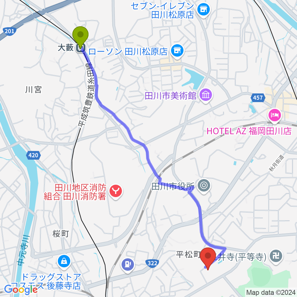 大藪駅から田川青少年文化ホールへのルートマップ地図