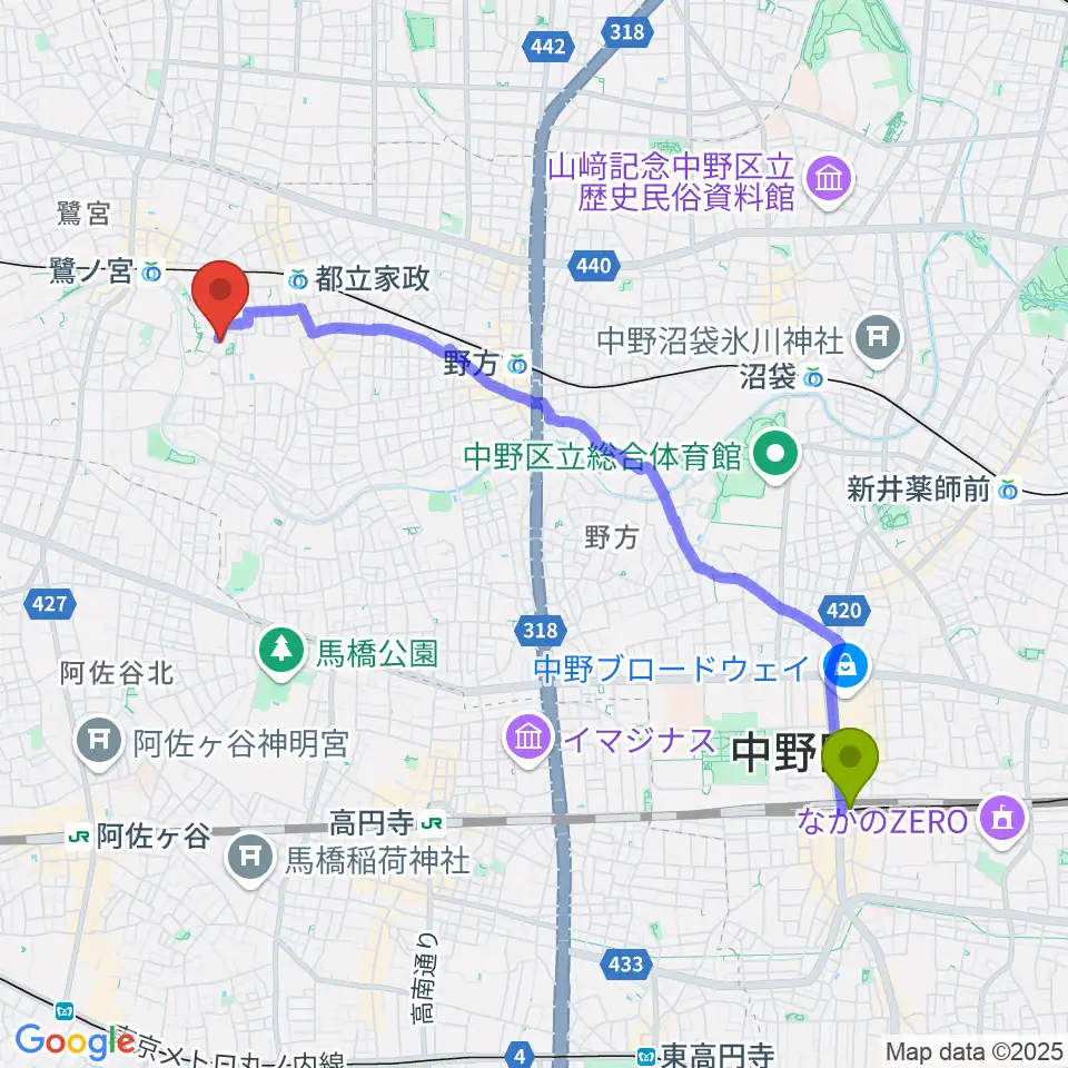中野駅からR.M.kalimba/craft&junkへのルートマップ地図