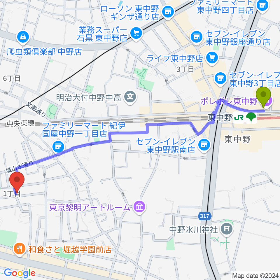 R.M.kalimba/craft&junkの最寄駅東中野駅からの徒歩ルート（約14分）地図