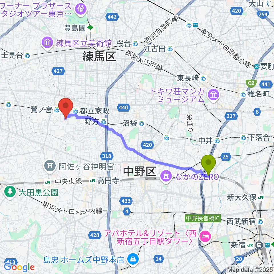 東中野駅からR.M.kalimba/craft&junkへのルートマップ地図