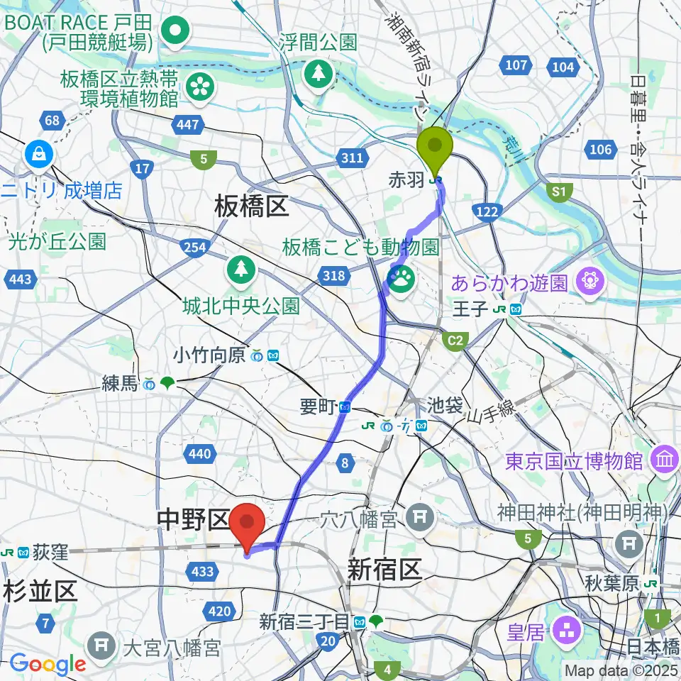 赤羽駅からR.M.kalimba/craft&junkへのルートマップ地図