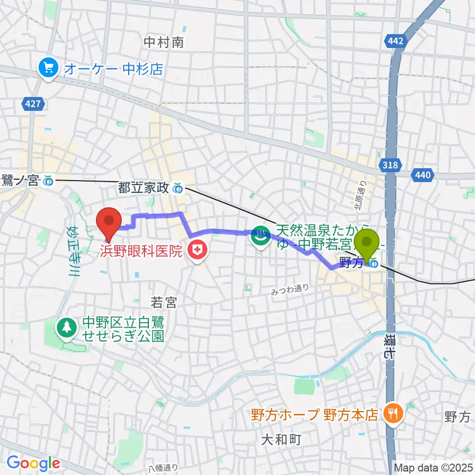 野方駅からR.M.kalimba/craft&junkへのルートマップ地図