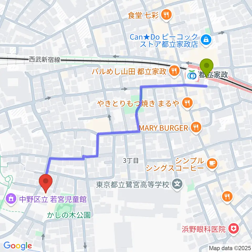 都立家政駅からR.M.kalimba/craft&junkへのルートマップ地図
