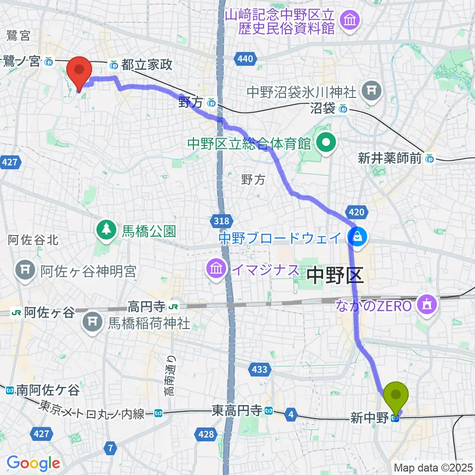 新中野駅からR.M.kalimba/craft&junkへのルートマップ地図