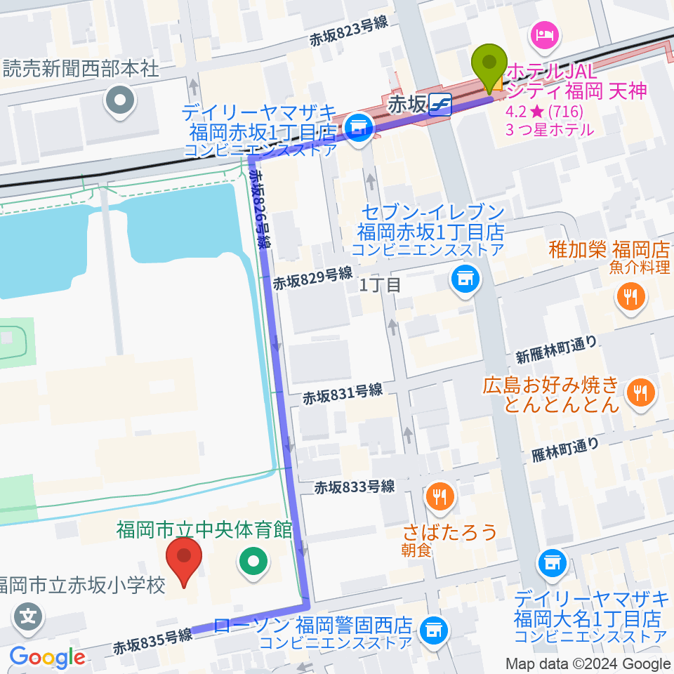 福岡市立中央市民センターの最寄駅赤坂駅からの徒歩ルート（約7分）地図