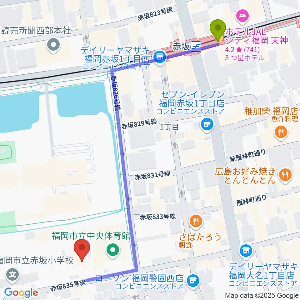 福岡市立中央市民センターの最寄駅赤坂駅からの徒歩ルート（約7分）地図