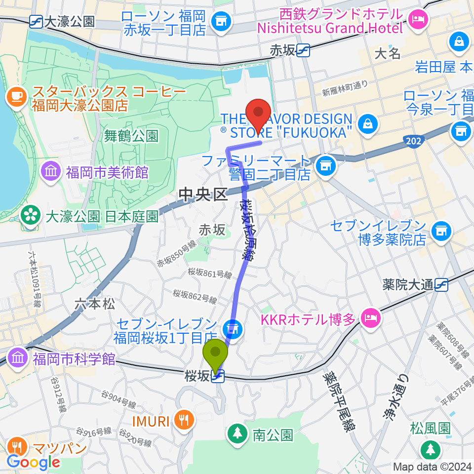 桜坂駅から福岡市立中央市民センターへのルートマップ地図