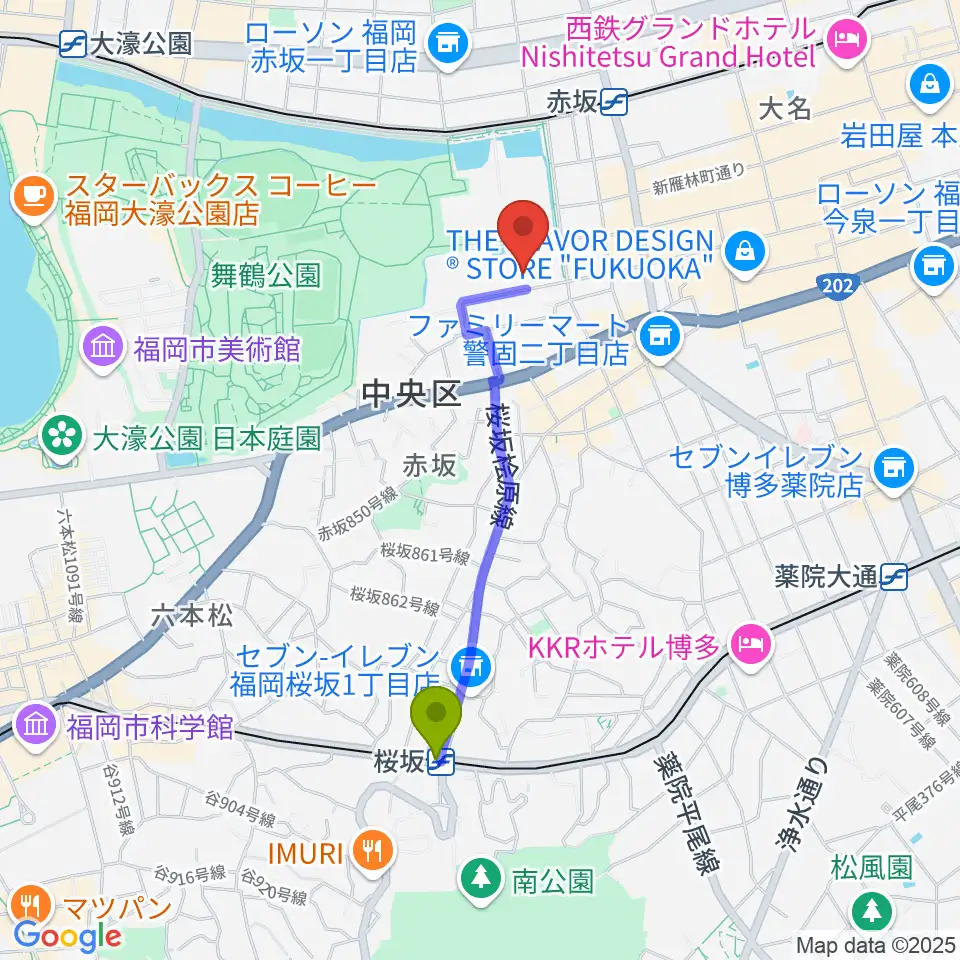 桜坂駅から福岡市立中央市民センターへのルートマップ地図