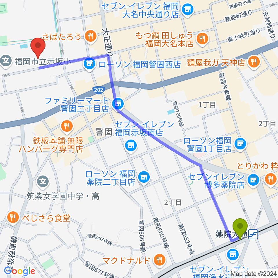 薬院大通駅から福岡市立中央市民センターへのルートマップ地図