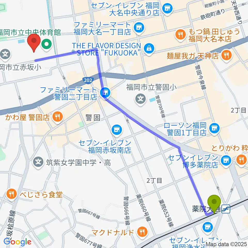 薬院大通駅から福岡市立中央市民センターへのルートマップ地図