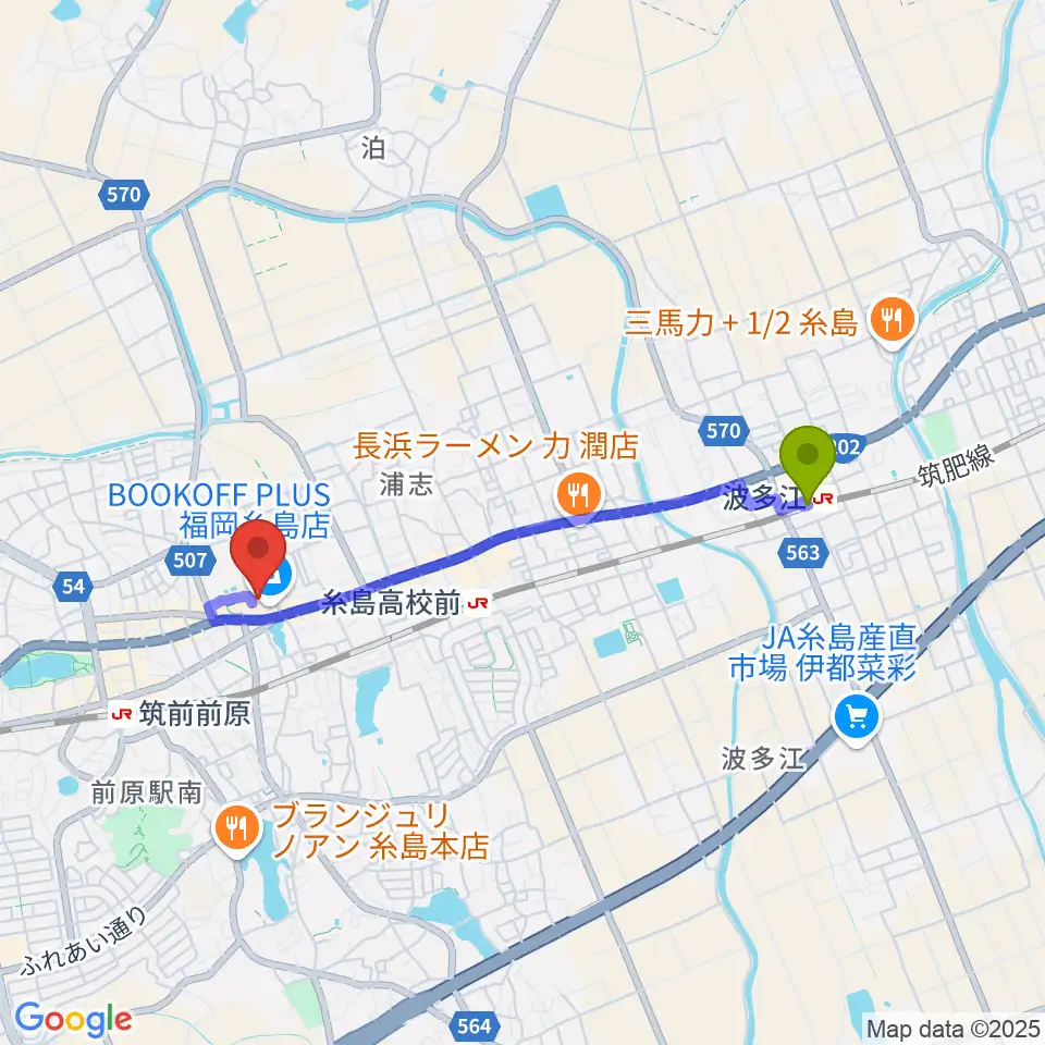 波多江駅から伊都文化会館へのルートマップ地図