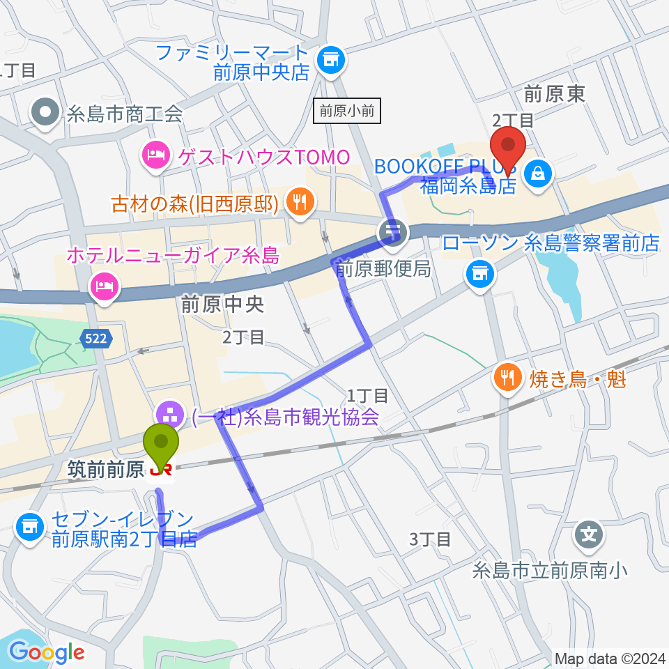 伊都文化会館の最寄駅筑前前原駅からの徒歩ルート（約11分）地図