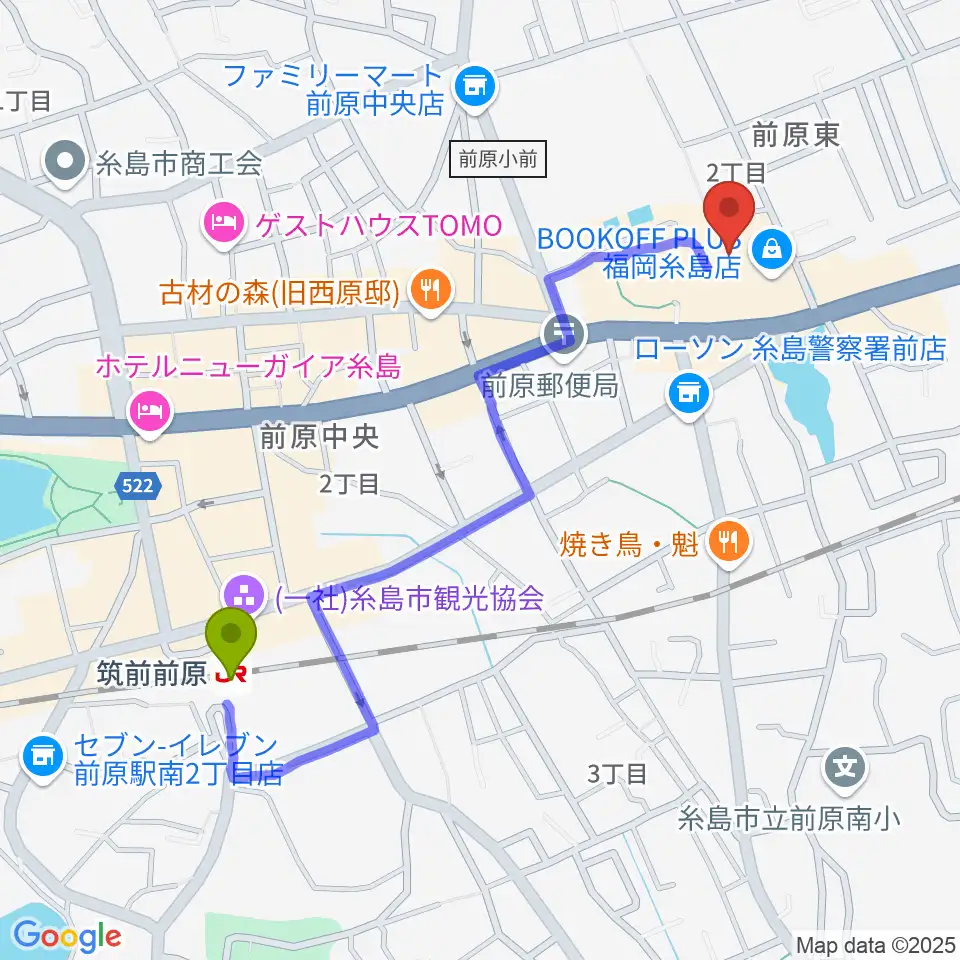 伊都文化会館の最寄駅筑前前原駅からの徒歩ルート（約11分）地図