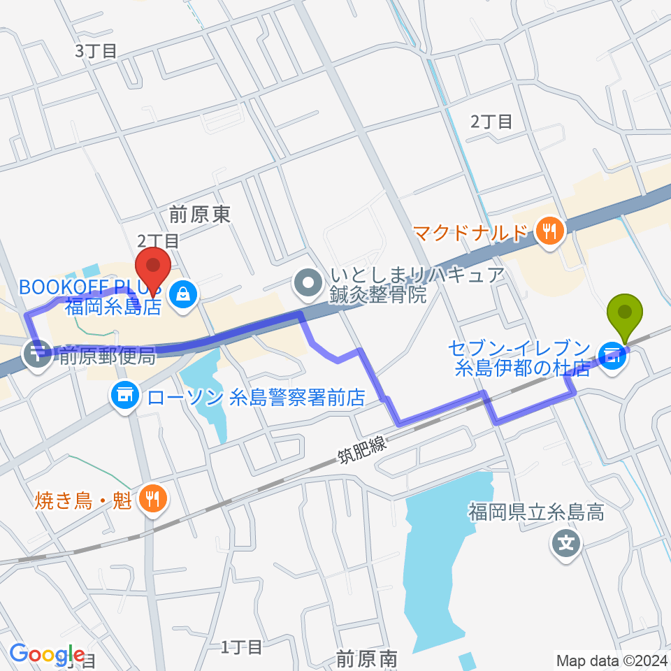 糸島高校前駅から伊都文化会館へのルートマップ地図