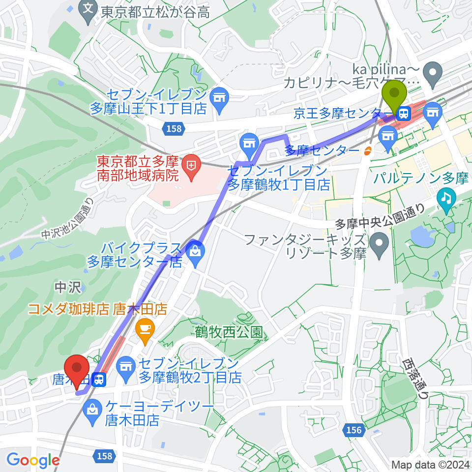 京王多摩センター駅から唐木田Cafe Wayへのルートマップ地図