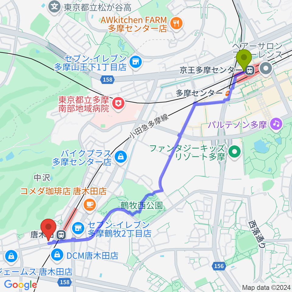 京王多摩センター駅から唐木田Cafe Wayへのルートマップ地図