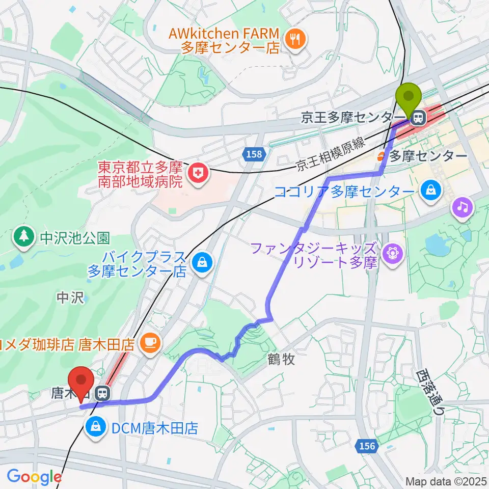 京王多摩センター駅から唐木田Cafe Wayへのルートマップ地図