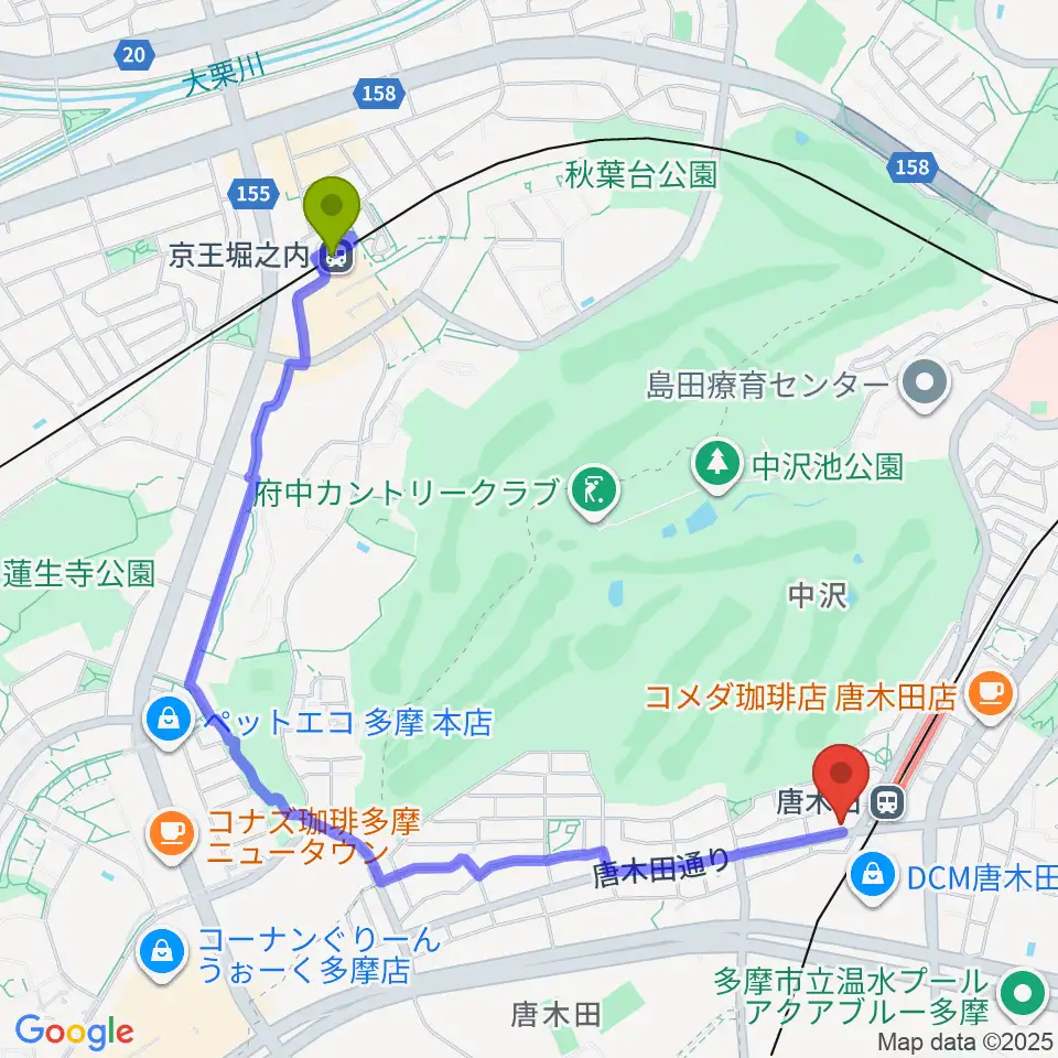 京王堀之内駅から唐木田Cafe Wayへのルートマップ地図