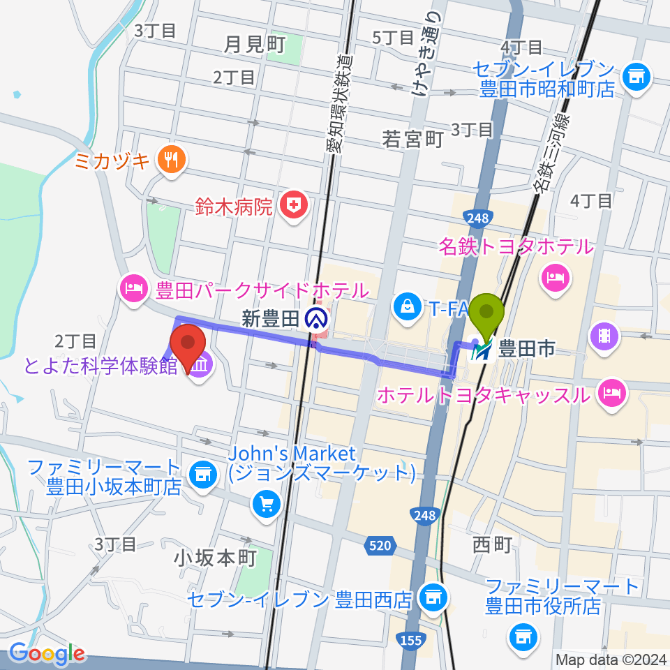 豊田市駅から豊田産業文化センターへのルートマップ地図