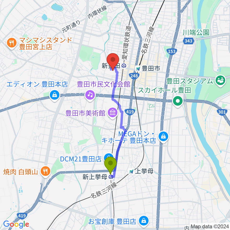 新上挙母駅から豊田産業文化センターへのルートマップ地図