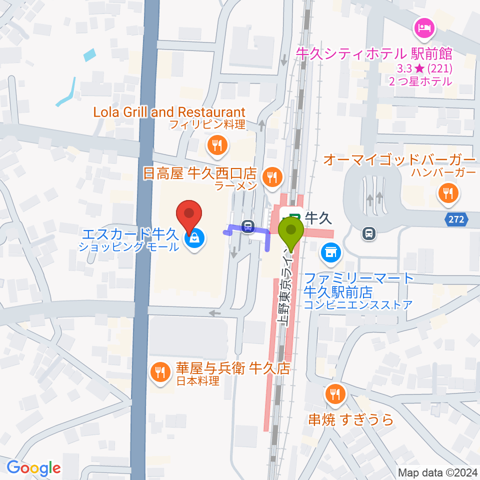 牛久市エスカード生涯学習センターの最寄駅牛久駅からの徒歩ルート（約2分）地図