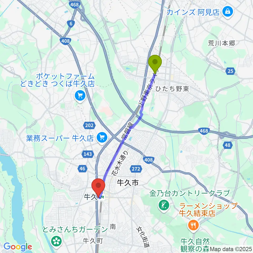 ひたち野うしく駅から牛久市エスカード生涯学習センターへのルートマップ地図