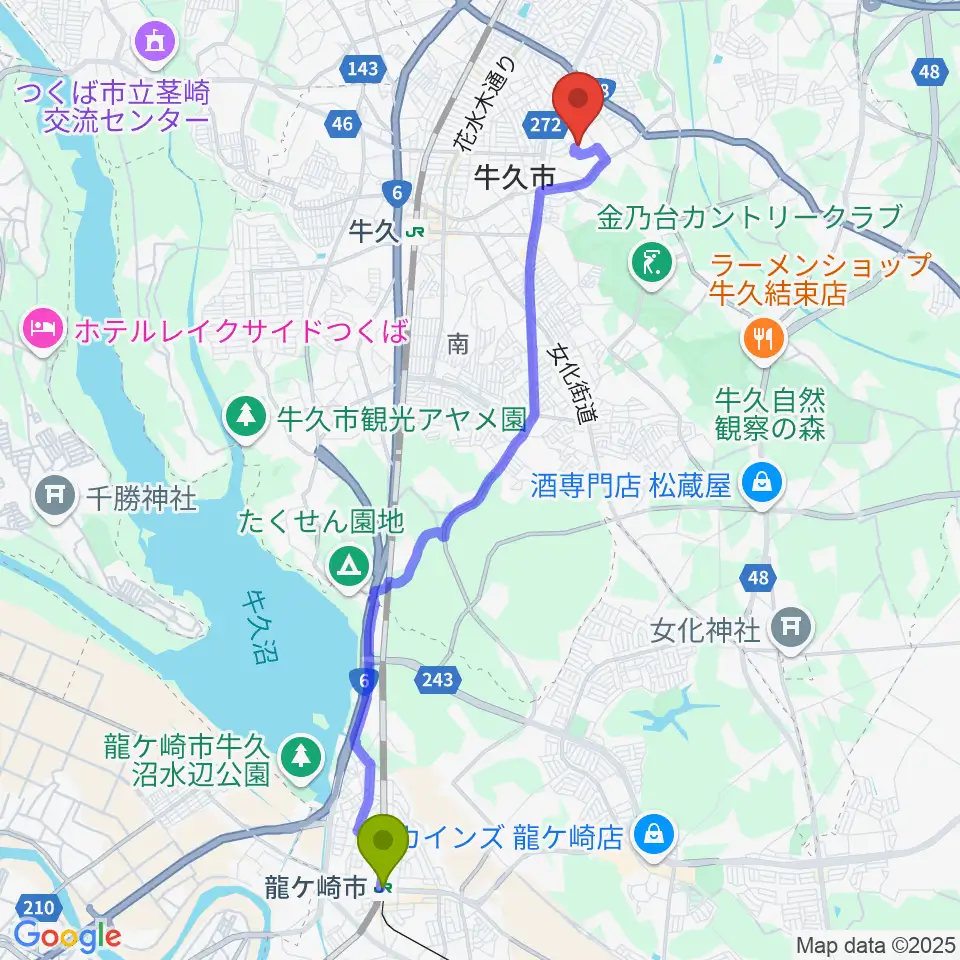 龍ケ崎市駅から牛久市中央生涯学習センターへのルートマップ地図