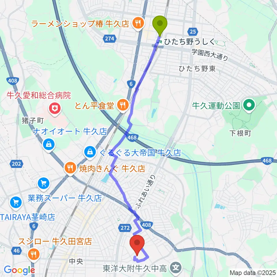 ひたち野うしく駅から牛久市中央生涯学習センターへのルートマップ地図