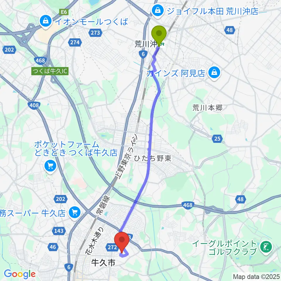 荒川沖駅から牛久市中央生涯学習センターへのルートマップ地図