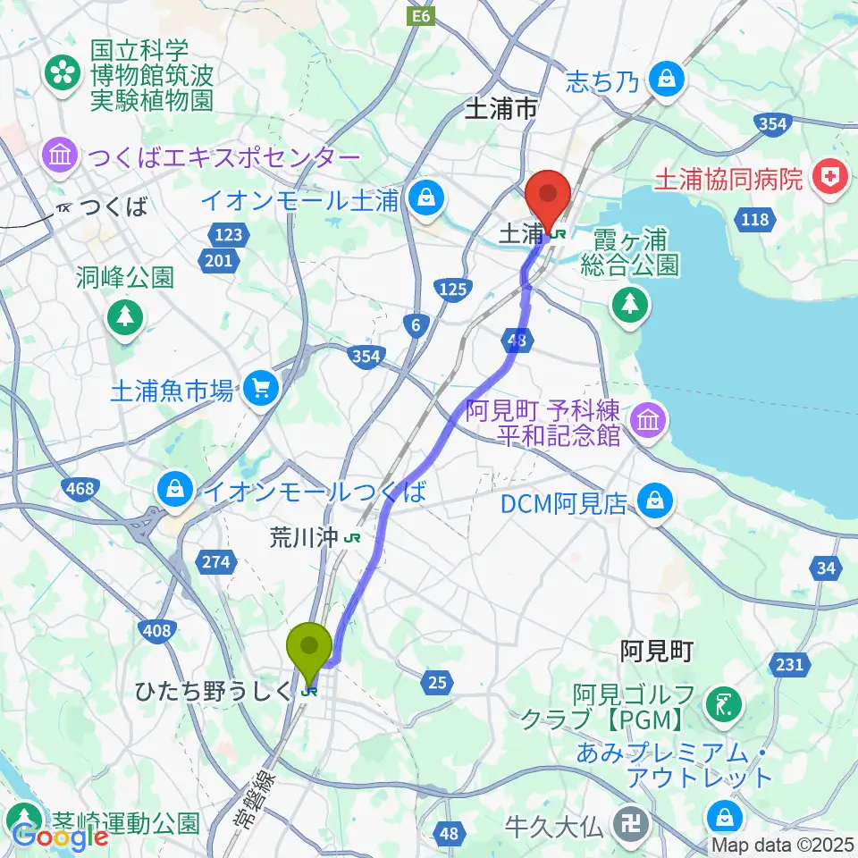 ひたち野うしく駅から茨城県県南生涯学習センターへのルートマップ地図