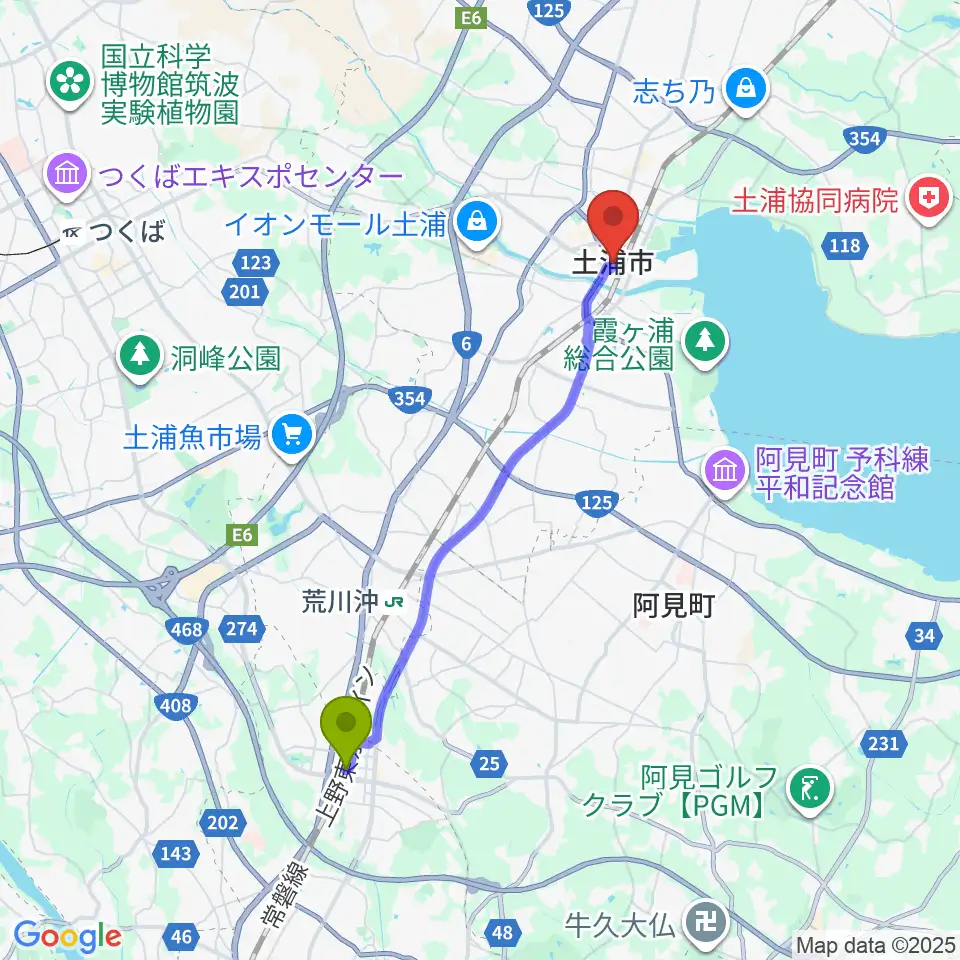 ひたち野うしく駅から茨城県県南生涯学習センターへのルートマップ地図
