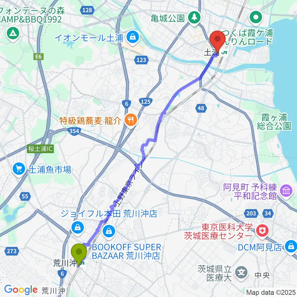 荒川沖駅から茨城県県南生涯学習センターへのルートマップ地図