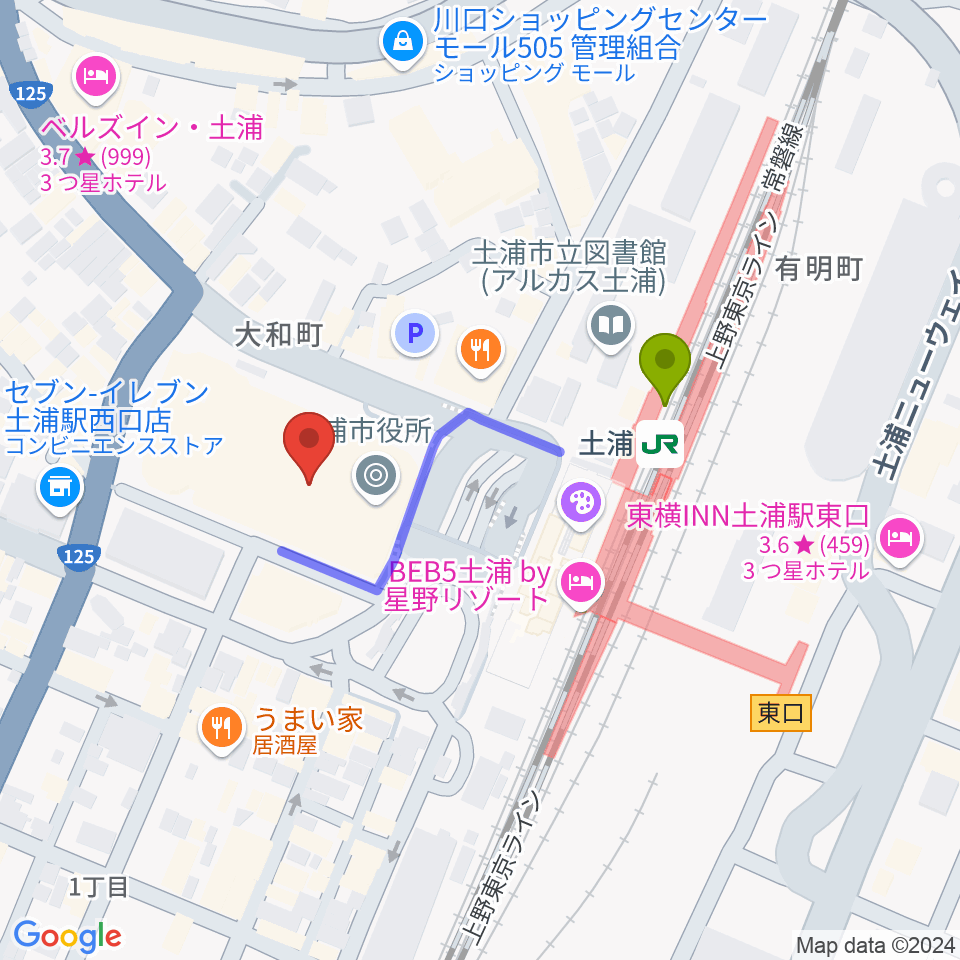 茨城県県南生涯学習センターの最寄駅土浦駅からの徒歩ルート（約3分）地図