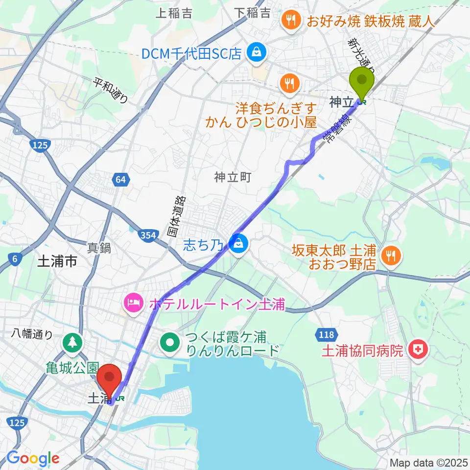 神立駅から茨城県県南生涯学習センターへのルートマップ地図