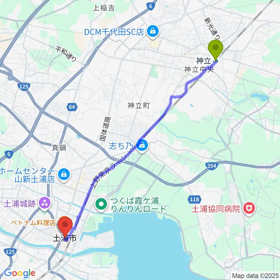 神立駅から茨城県県南生涯学習センターへのルートマップ地図