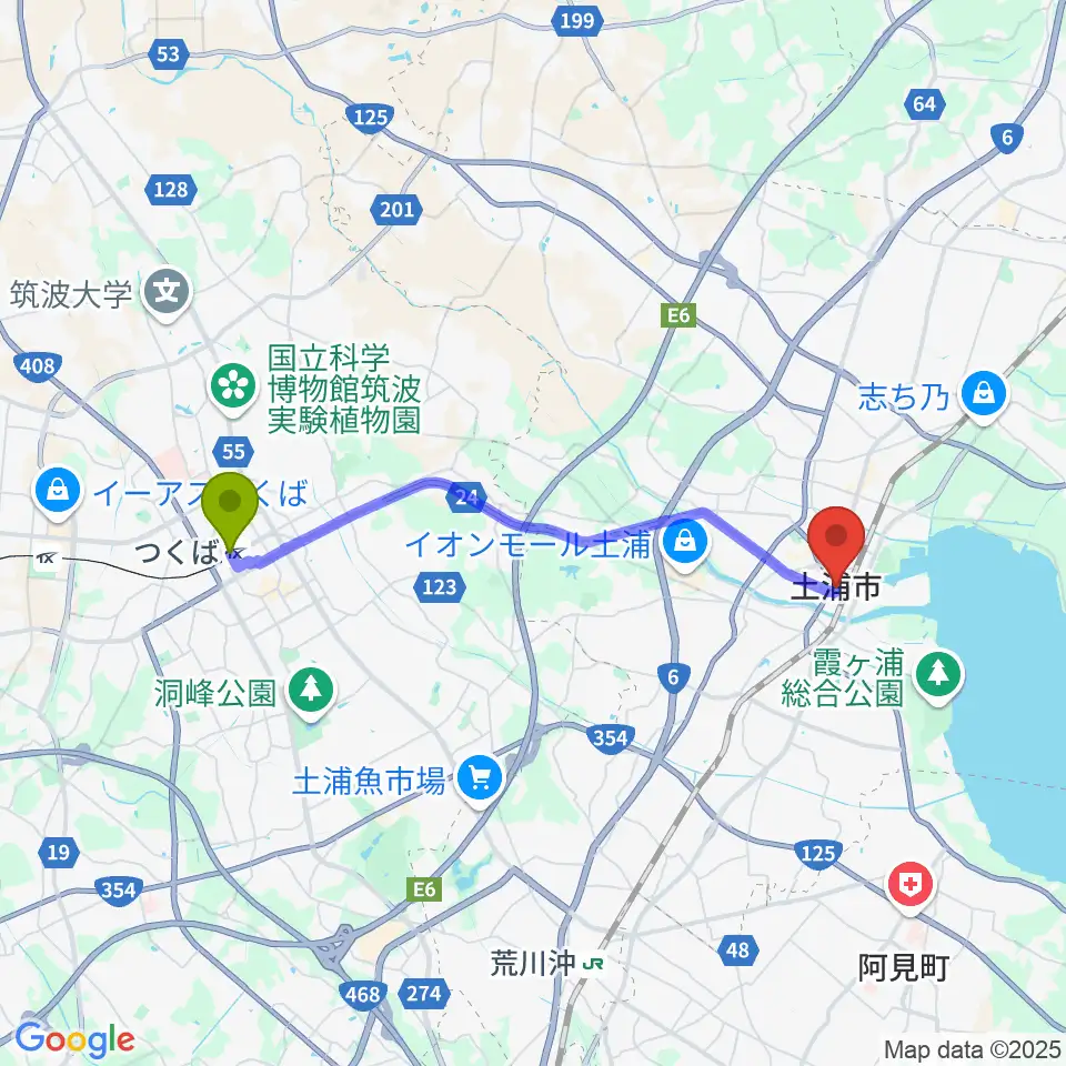 つくば駅から茨城県県南生涯学習センターへのルートマップ地図