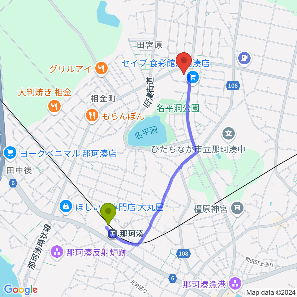 那珂湊駅からひたちなか市那珂湊総合福祉センター・ふれあい交流館へのルートマップ地図