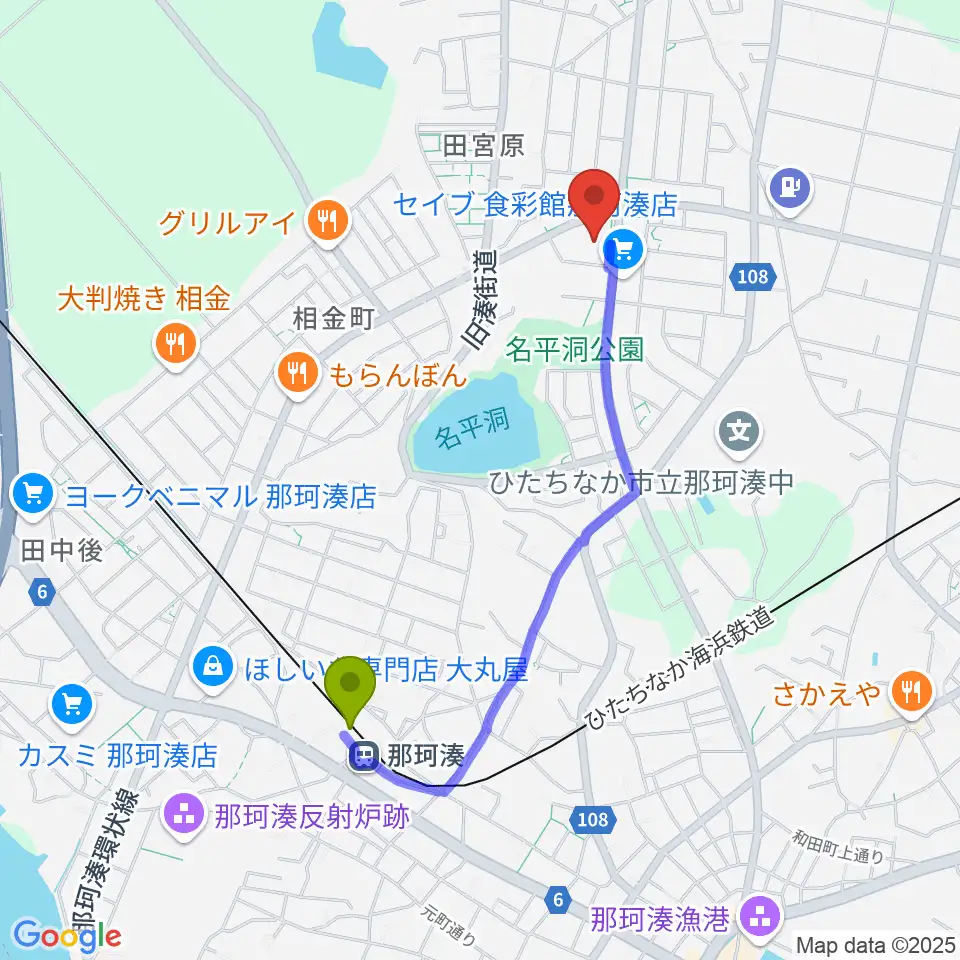 那珂湊駅からひたちなか市那珂湊総合福祉センター・ふれあい交流館へのルートマップ地図