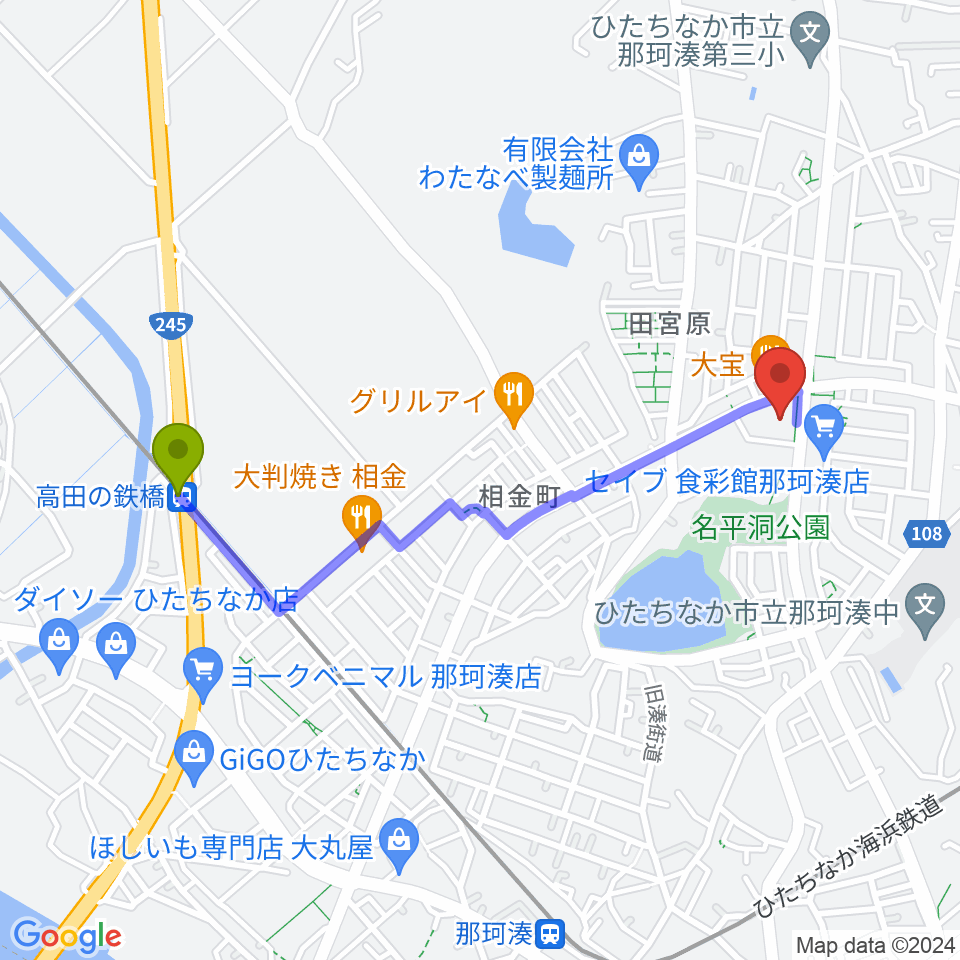 高田の鉄橋駅からひたちなか市那珂湊総合福祉センター・ふれあい交流館へのルートマップ地図