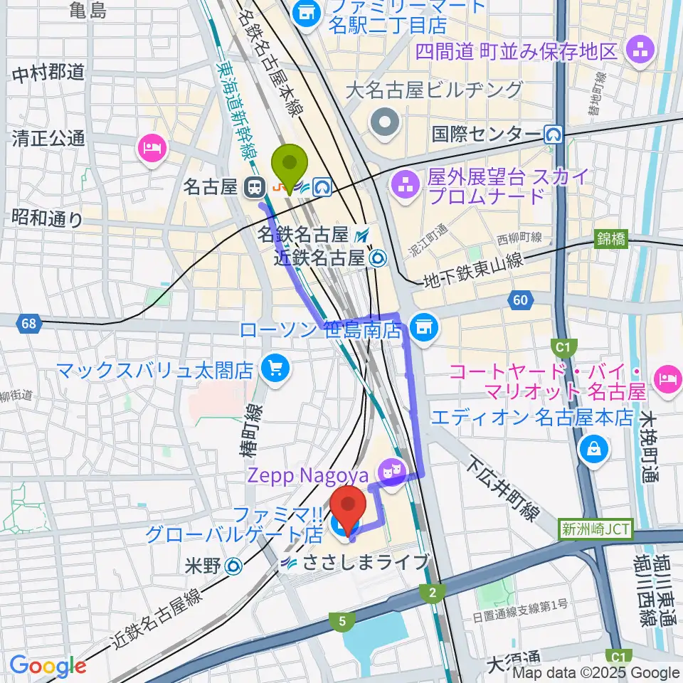 名古屋駅から音楽天国 名古屋ささしまライブ店へのルートマップ地図