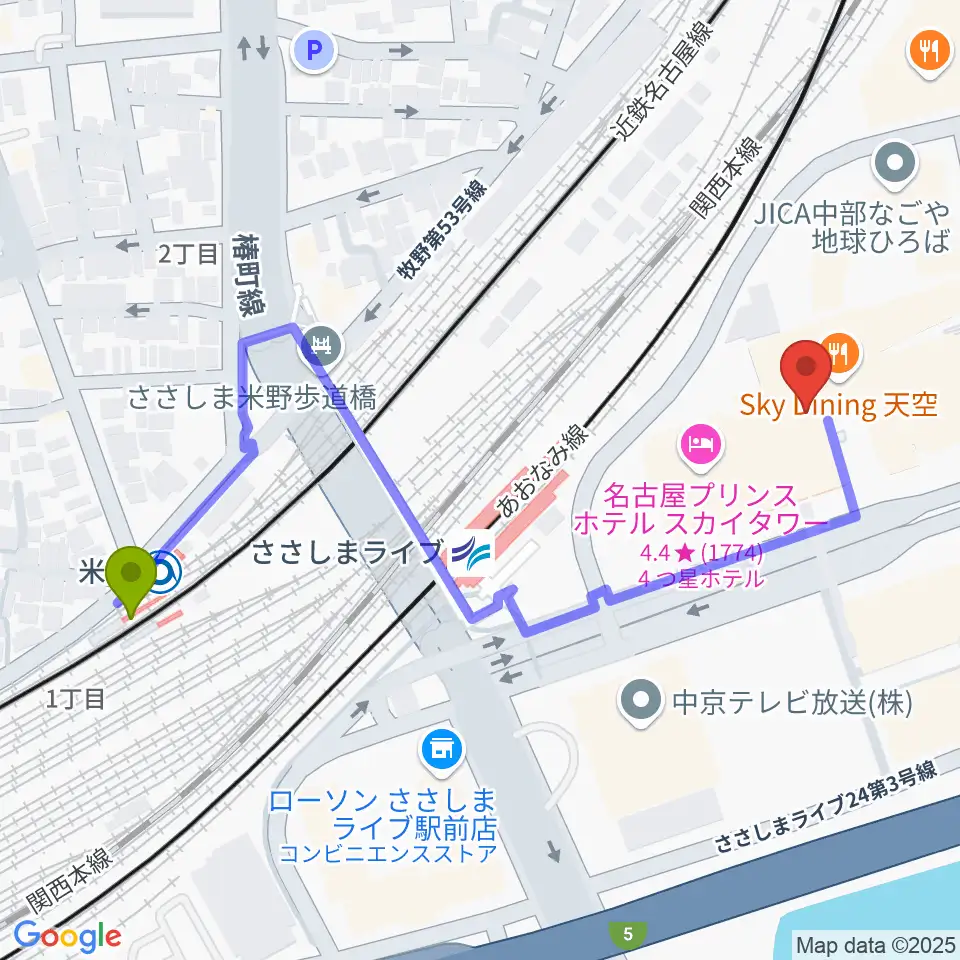 米野駅から音楽天国 名古屋ささしまライブ店へのルートマップ地図