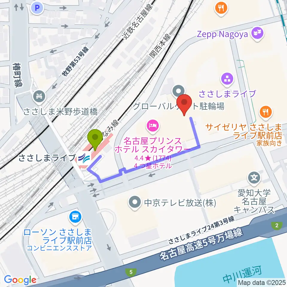 音楽天国 名古屋ささしまライブ店の最寄駅ささしまライブ駅からの徒歩ルート（約3分）地図