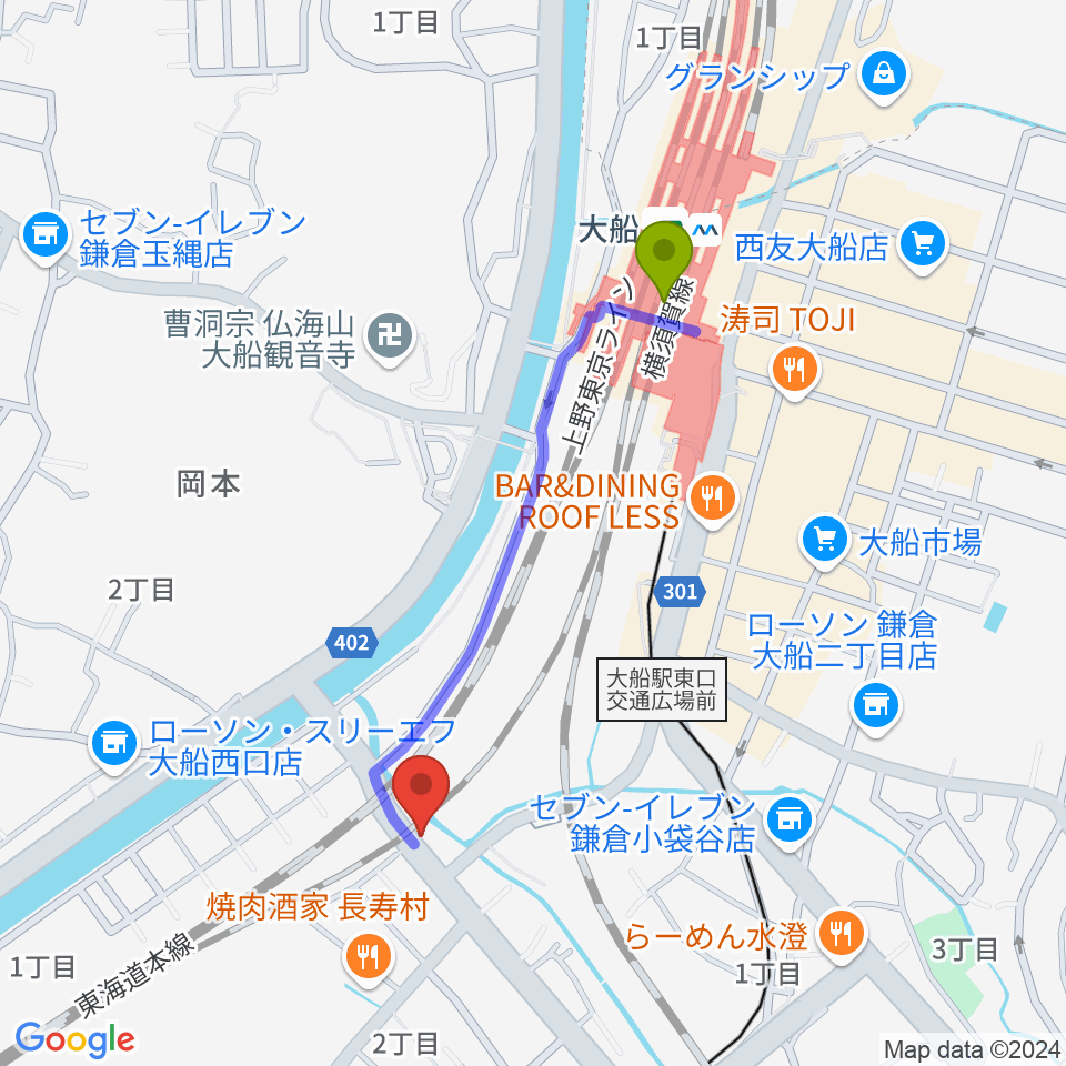 大船駅から音楽スタジオ・ルート大船へのルートマップ地図