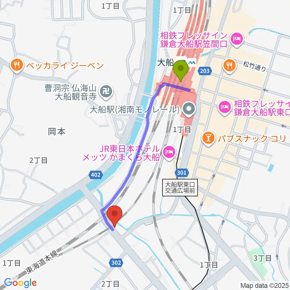 大船駅から音楽スタジオ・ルート大船へのルートマップ地図